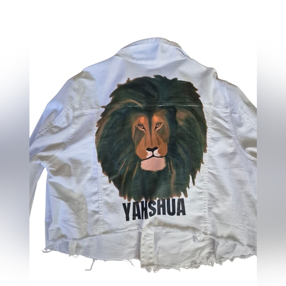 Upcycled Jackets & Blazers - Upcycled Just USA White Jean Jacket with Lion Graphic‎ Size 2x